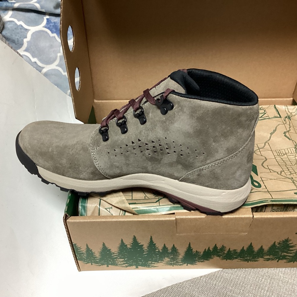 Danner Women's Lace-Up Suede Ankle Boots in Gray with Burgundy Laces